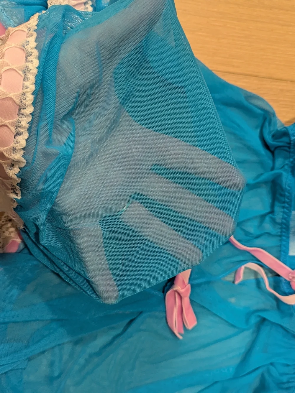 Jezebel Bright Blue Sheer Babydoll with Pink Ribbon Accent